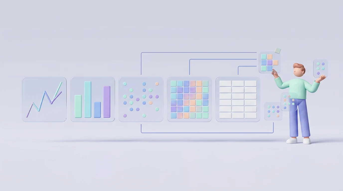 Line trends, bar comparisons, distributions, heatmaps, and exact data tables matched to different analytical needs