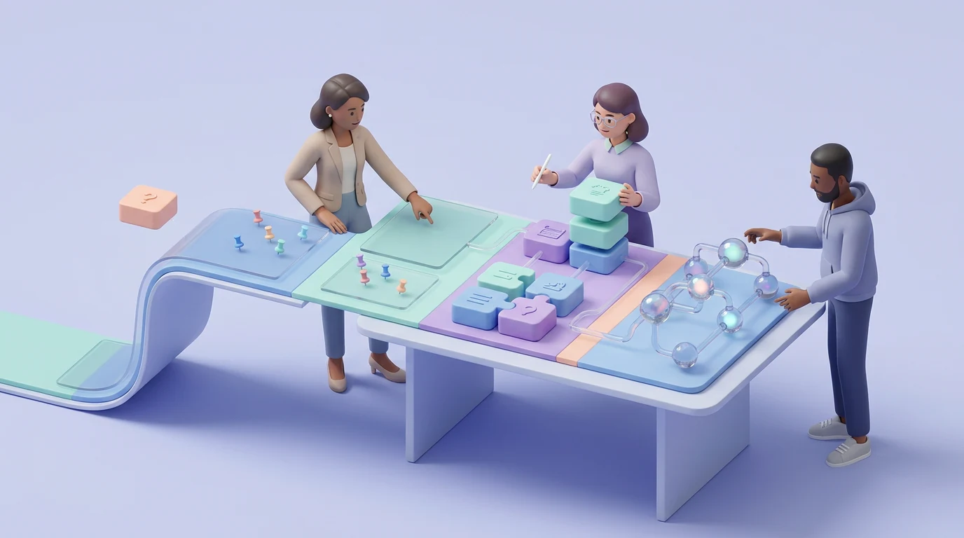 A founder, UX designer, and engineer reviewing project direction, feedback, and changing requirements together
