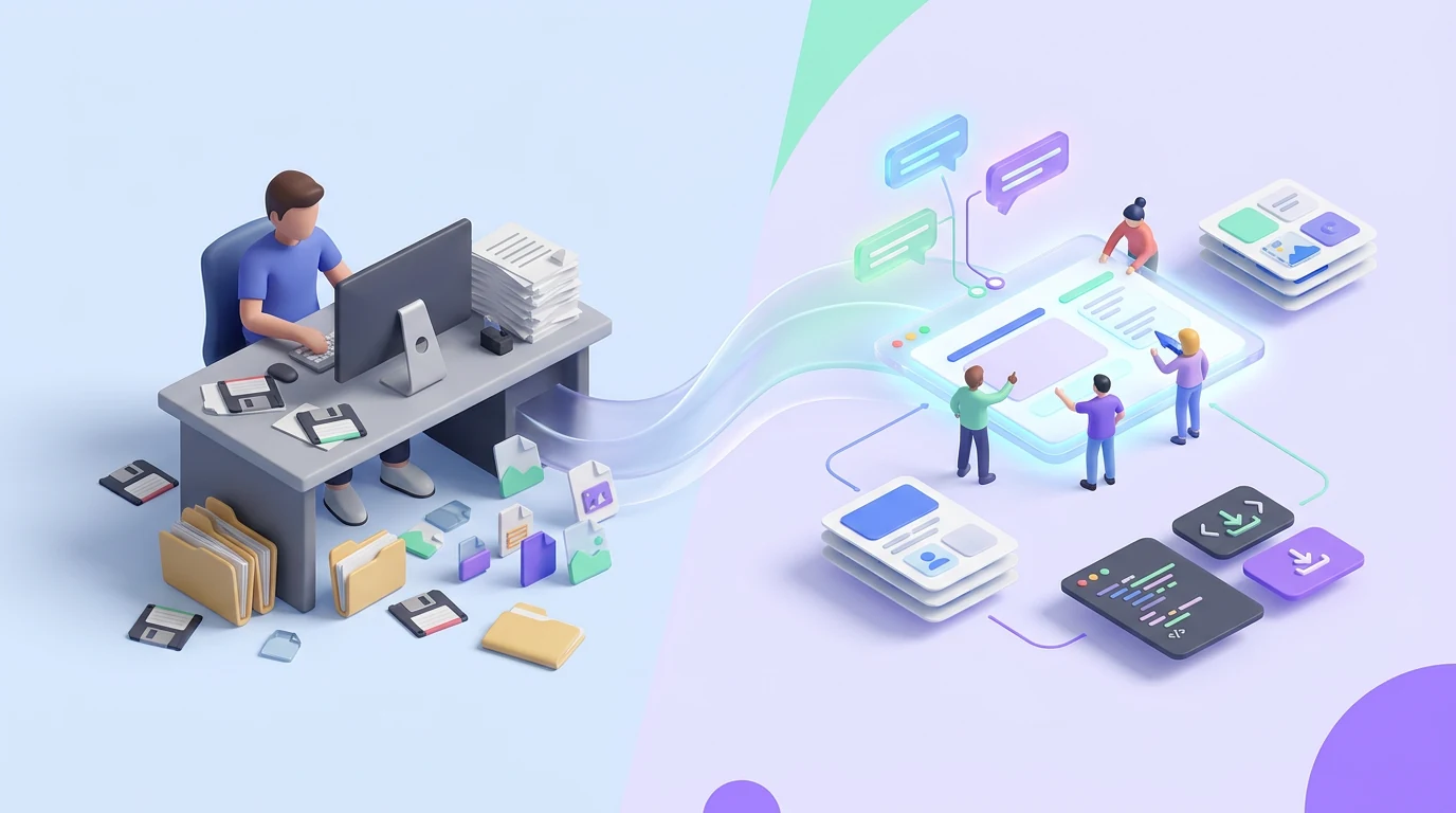 An isolated desktop design process connecting to a shared collaborative product workspace