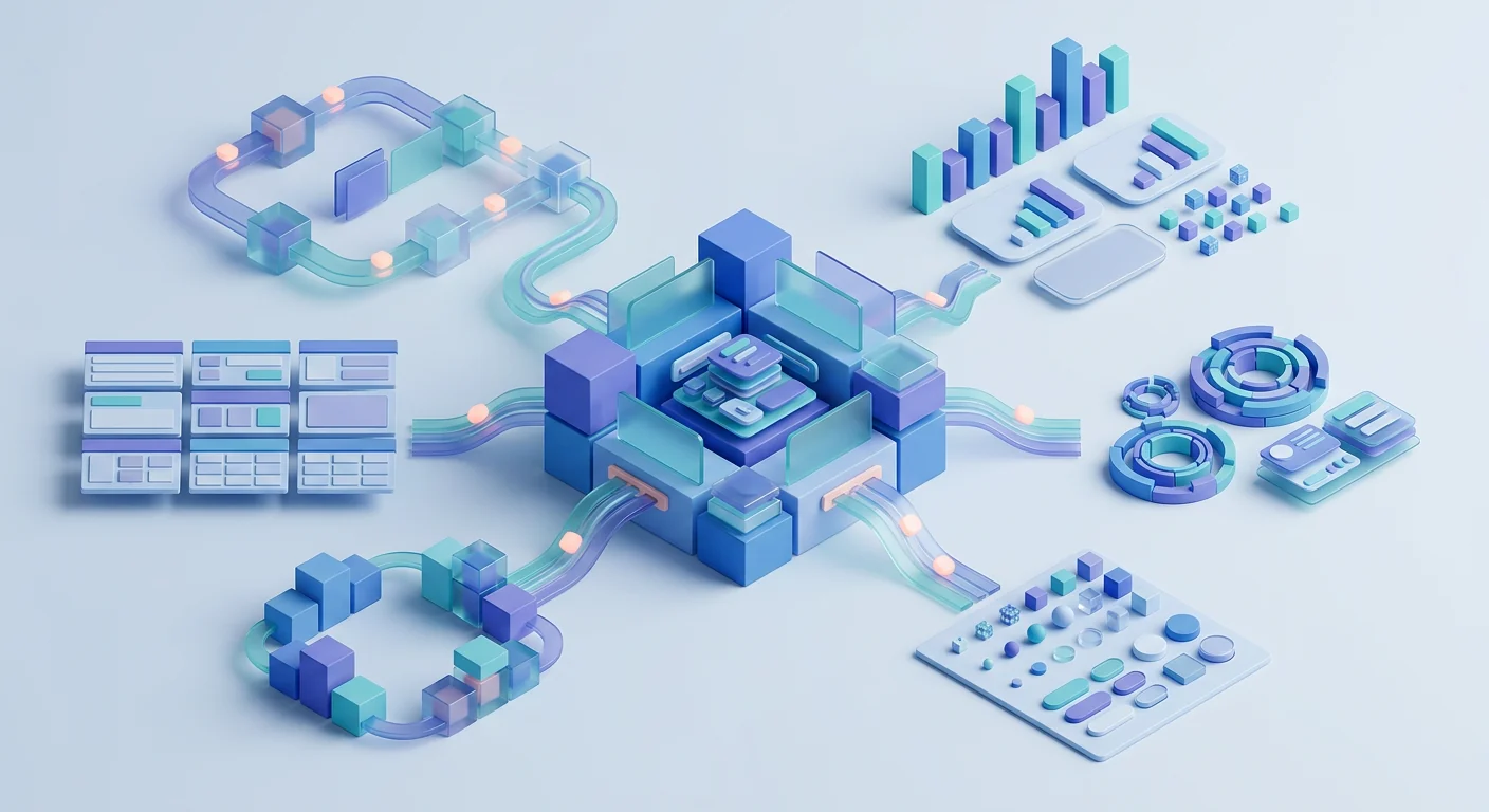 Connected SaaS product areas including onboarding, dashboards, data workflows, roles, billing, and components