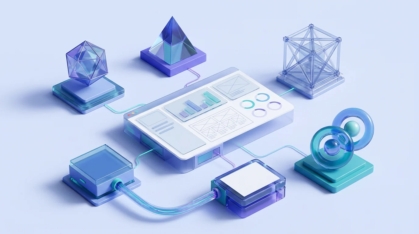 Six abstract design-support models connected to one SaaS dashboard