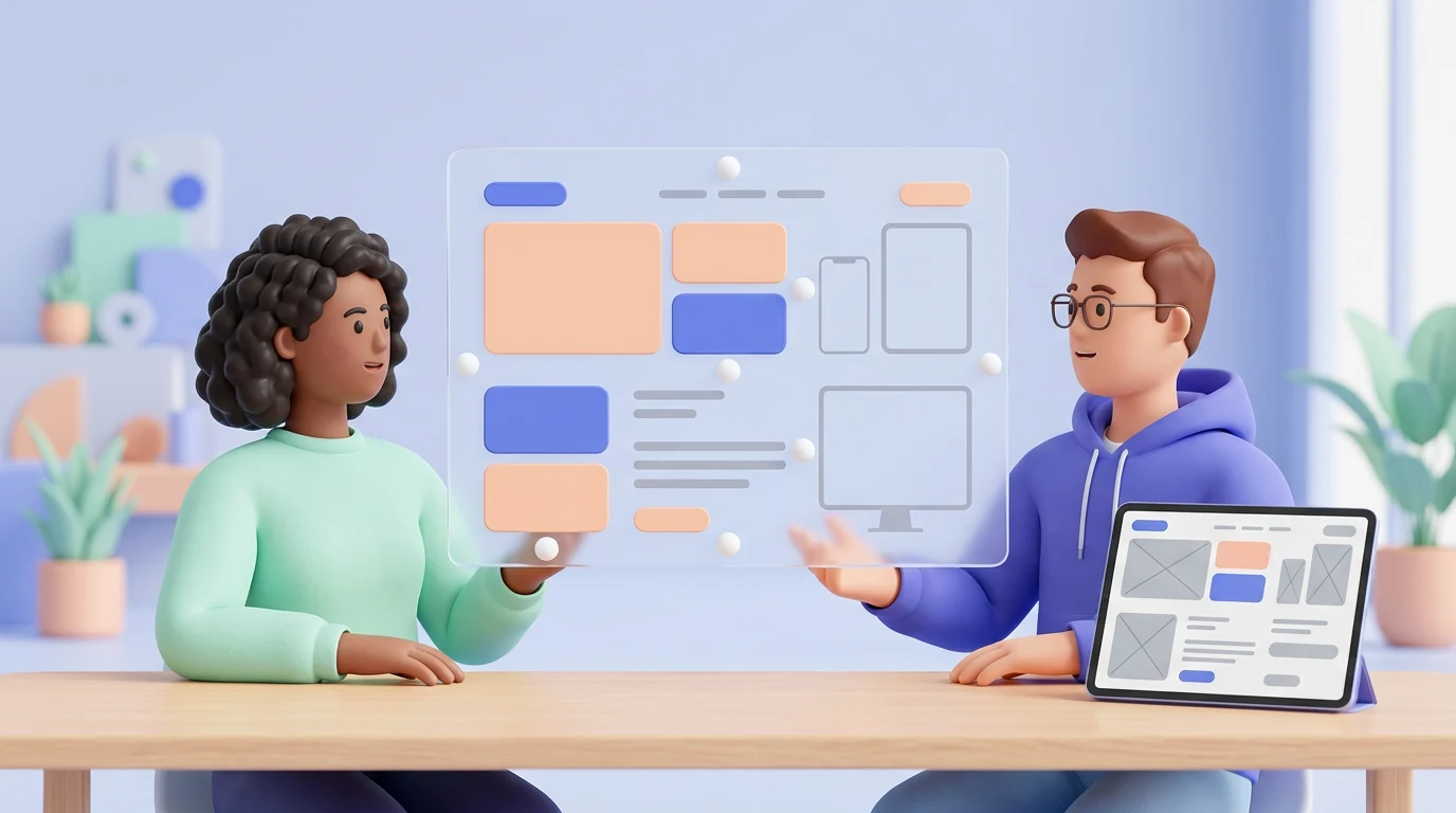 A designer and developer reviewing components, states, responsive screens, and implementation together