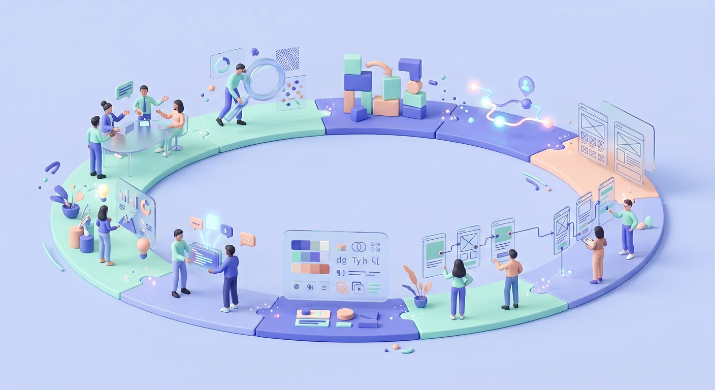 An iterative product design loop connecting alignment, research, structure, design, testing, handoff, and learning