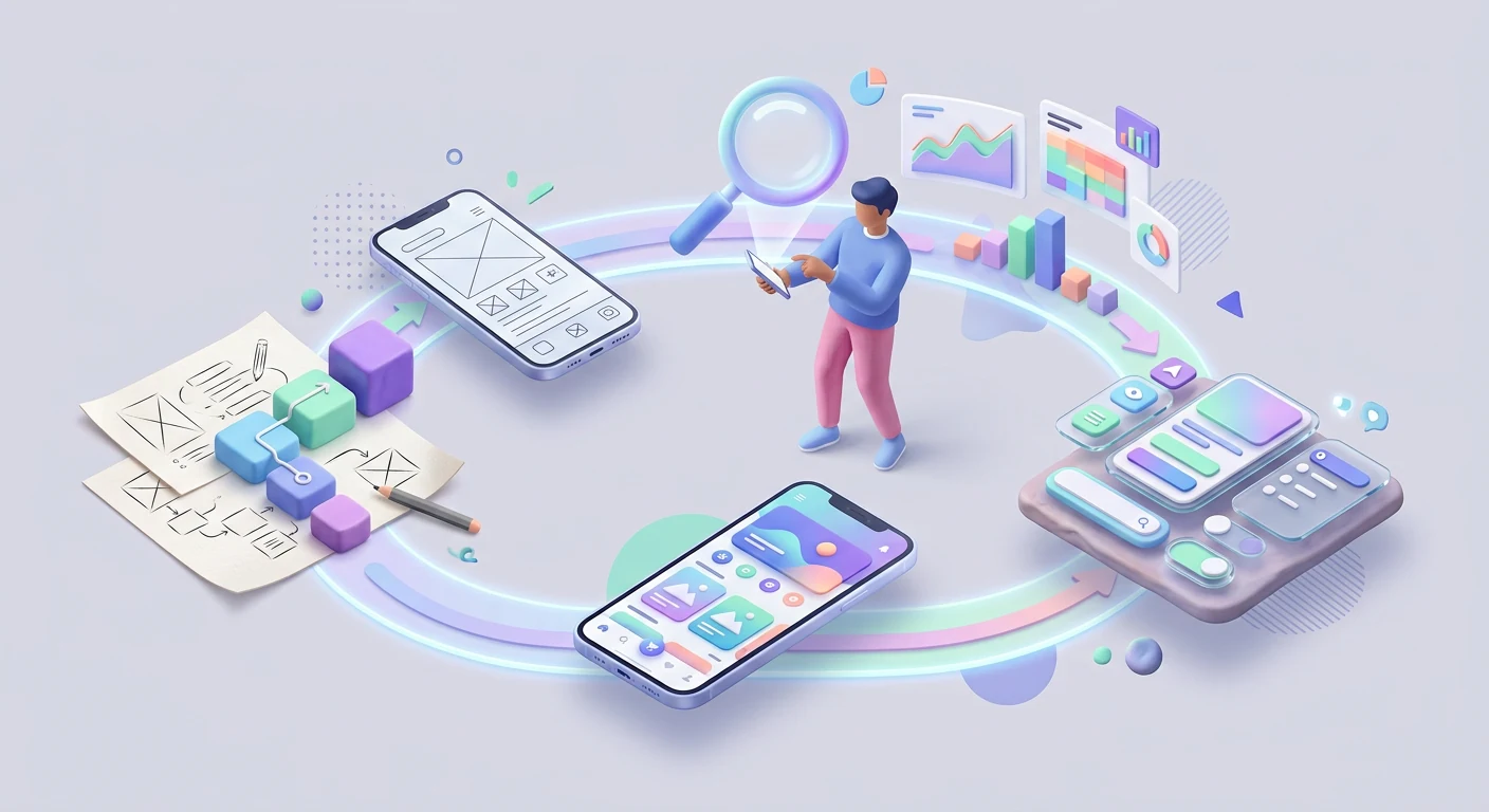 A continuous mobile UX loop from sketches and prototypes through real-device testing, observation, refinement, and launch