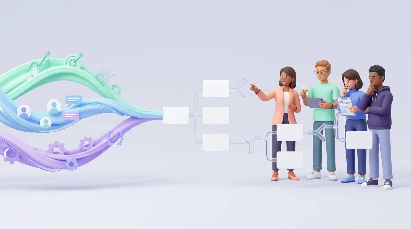 Business goals, user needs, and technical constraints converging into a structured product flow