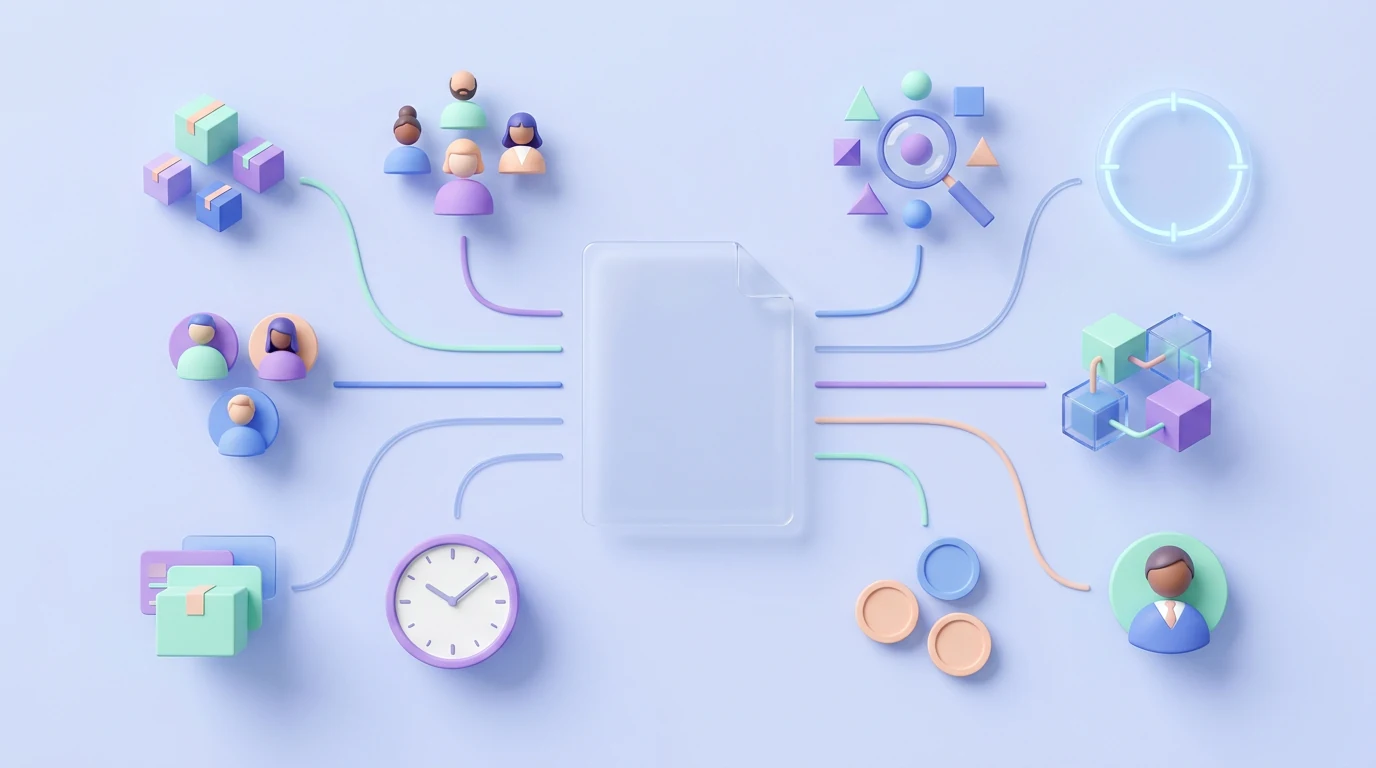 Product context, users, evidence, scope, constraints, deliverables, time, budget, and approval connected to one shared brief