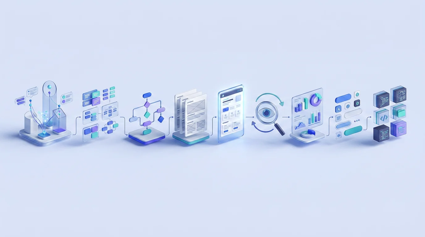 A connected UX workflow from interviews and synthesis through design, testing, analytics, and handoff
