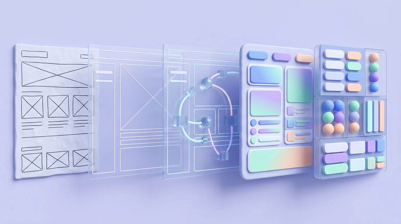 A product direction progressing from sketch and wireframe to prototype, final interface, and reusable system